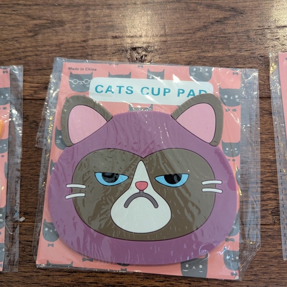 Cartoon Cat Coasters Set Grumpy & Happy, Cats Silicone Coasters Mat Pack of 3 - Picture 3 of 4
